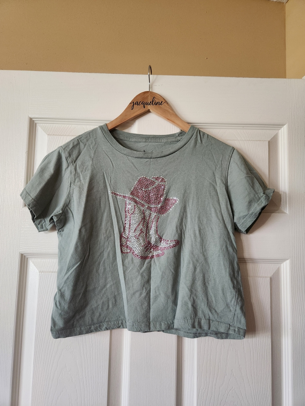 Women’s Sage Green Crop Tee with Rhinestone Hat Graphic